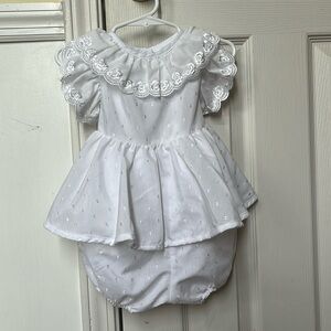 Beautiful ruffled white bloomer dress with scalloped sleeves by Isabella size 2T